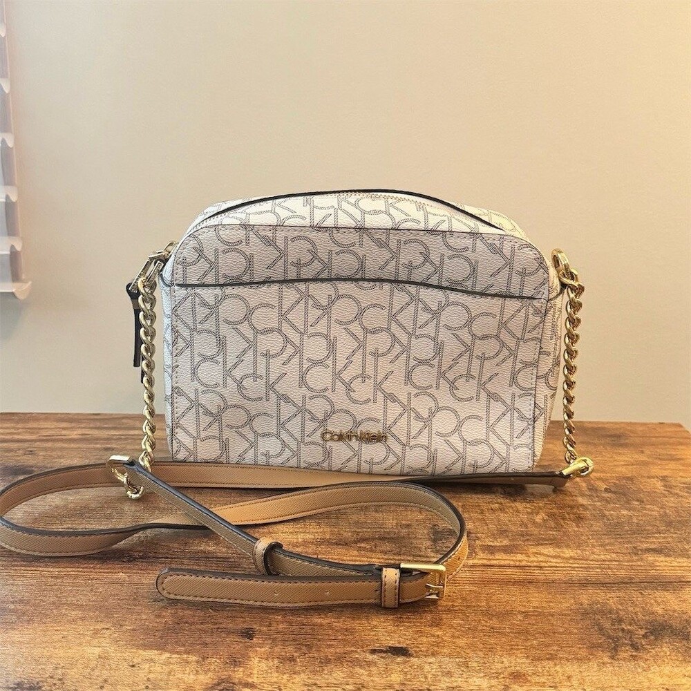 Calvin Klein Hailey Signature Logo Crossbody Bag Womens Small Ivory/Taupe - Picture 2 of 9